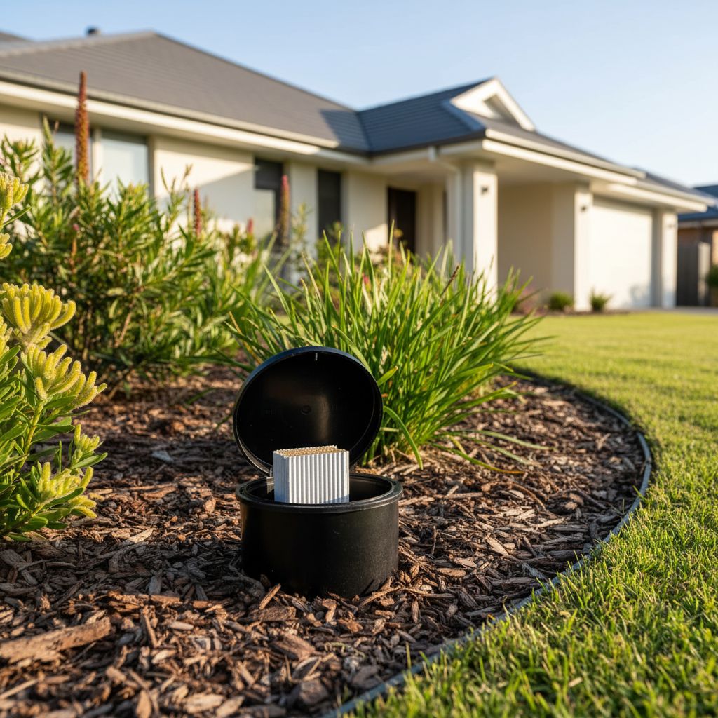 Termite bait monitoring station installed in a garden bed