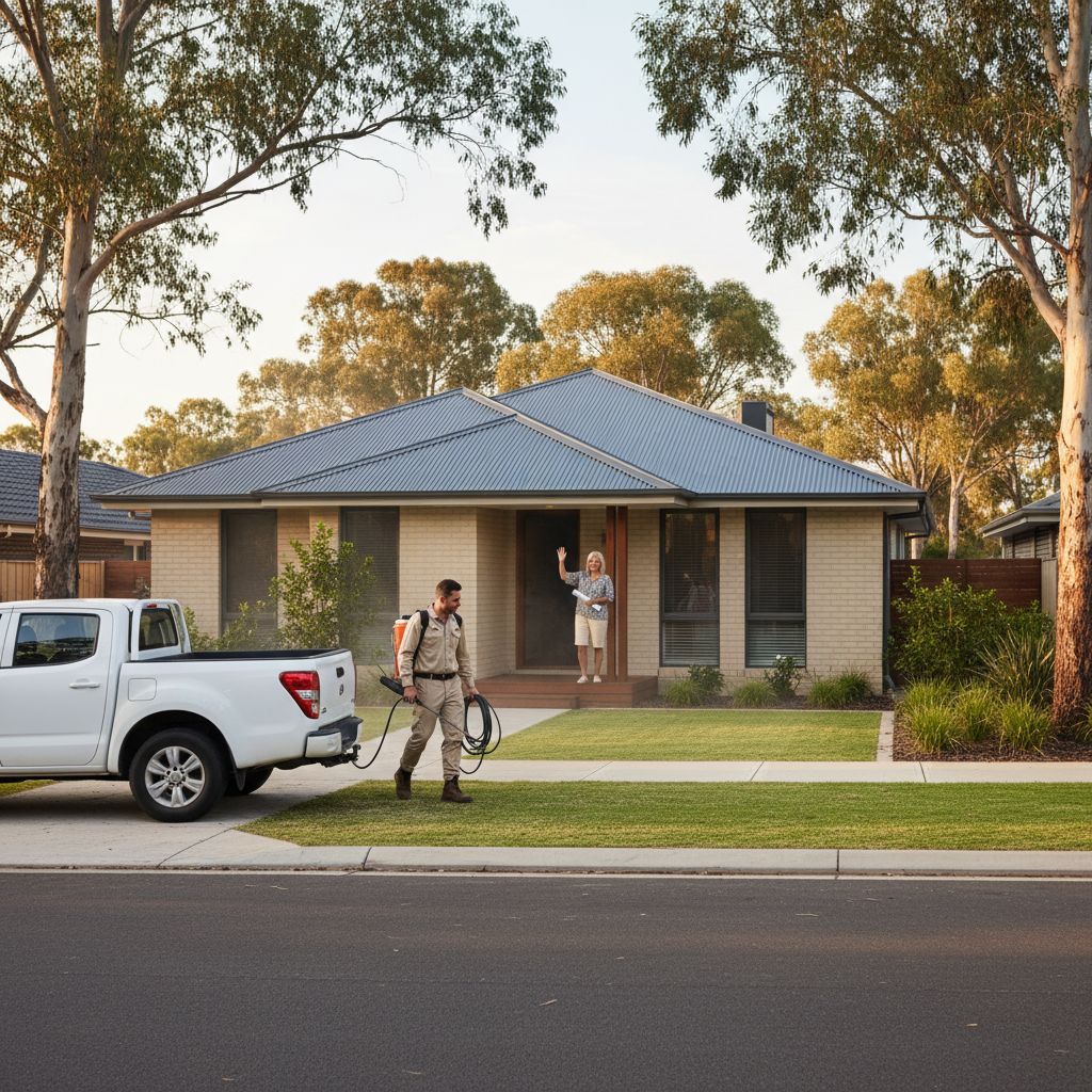 Pest control truck parked in front of a freshly treated home
